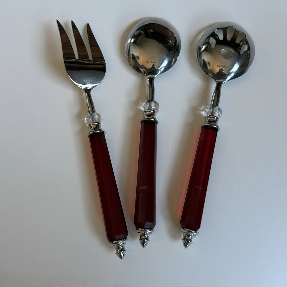 Lenox Holiday Gathering Acrylic Jewel Red Handles‎ 3 Piece Serving Set Holiday